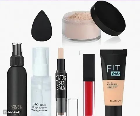 Combo Pack Of Foundation Loose Powder Matte Red Liquid Lipstick Contour Stick Pump Primer Fixer Puff Blander Makeup