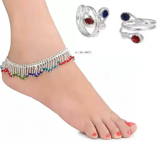Royal Diva Multicolor Stone Studded Stainless Steel White Metal Traditional Ethnic Payal Leg Chain Anklet for Woman & Girls