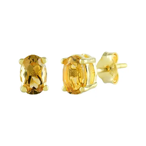 Gem O Sparkle 925 Sterling Silver Natural Gemstone Oval Shape Stud Earrings for Women  Girls Diwali Gifts (Semiprecious Birthstone Silver Jewelry) (Citrine-Gold)