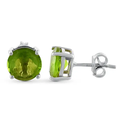 Gem O Sparkle 925 Sterling Gemstone Round Shape Stud Earrings for Women Girls Diwali Gifts (Semiprecious Birthstone Jewelry) (Peridot-Silver)