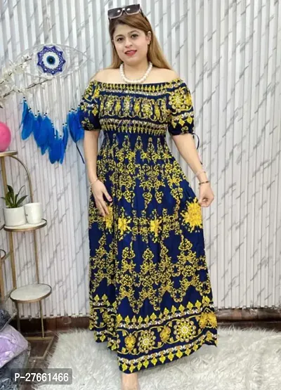 Stylish Navy Blue Rayon Printed Maxi Dress For Women