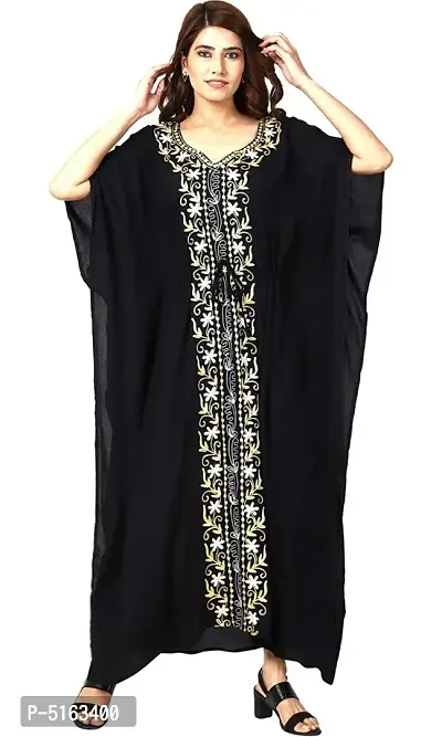 Women's Stylish Black Embroidered Maxi Length Kaftan Dress