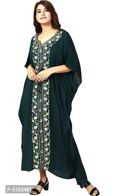 Women's Stylish Green Embroidered Maxi Length Kaftan Dress-thumb3