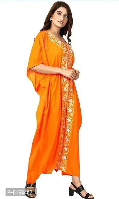 Women's Stylish Mustard Embroidered Maxi Length Kaftan Dress-thumb3