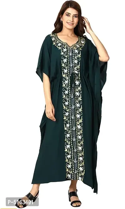 Women's Stylish Green Embroidered Maxi Length Kaftan Dress