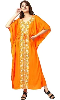 Women's Stylish Mustard Embroidered Maxi Length Kaftan Dress-thumb1