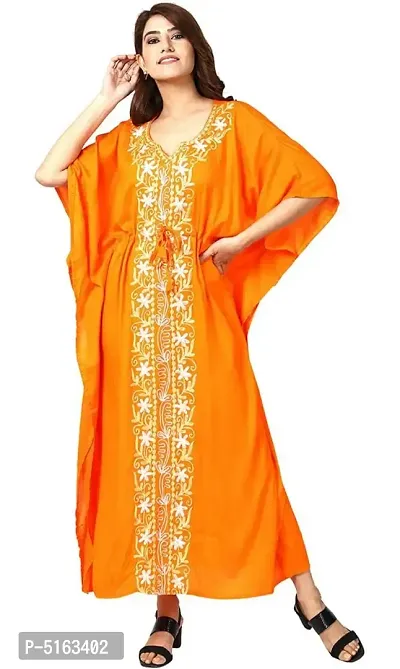 Women's Stylish Mustard Embroidered Maxi Length Kaftan Dress-thumb2