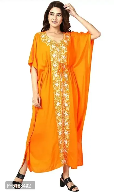 Women's Stylish Mustard Embroidered Maxi Length Kaftan Dress
