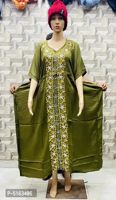 Women's Stylish Green Embroidered Maxi Length Kaftan Dress