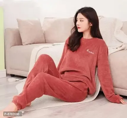 Trendy Wool Rust Solid Long Sleeves Round Neck Nightwear Top With Pajama Set For Women