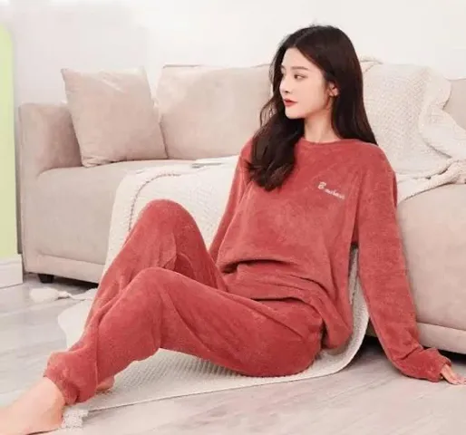 Trendy Wool Solid Long Sleeves Round Neck Nightwear Top With Pajama Set For Women