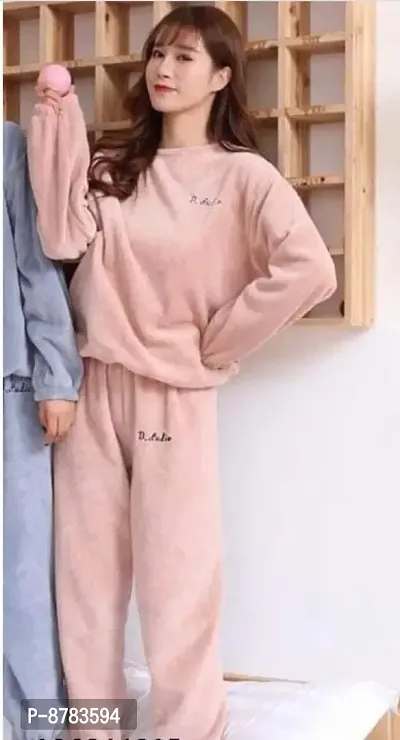 Trendy Wool Pink Solid Long Sleeves Round Neck Nightwear Top With Pajama Set For Women-thumb0