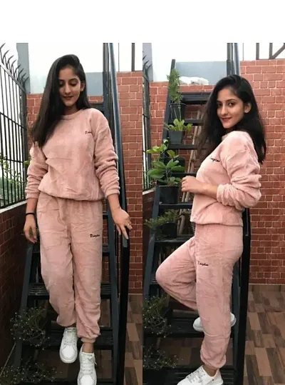 Trendy Wool Pink Solid Long Sleeves Round Neck Nightwear Top With Pajama Set For Women