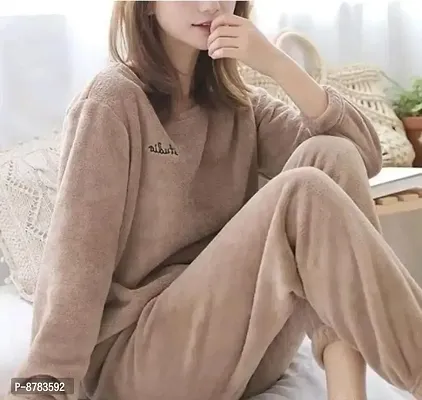 Trendy Wool Brown Solid Long Sleeves Round Neck Nightwear Top With Pajama Set For Women