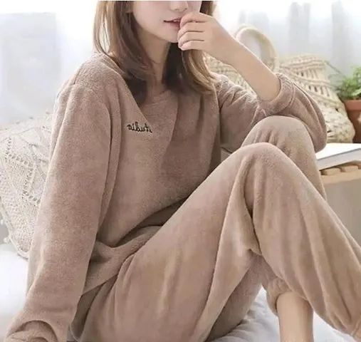 Trendy Wool Solid Long Sleeves Round Neck Nightwear Top With Pajama Set For Women