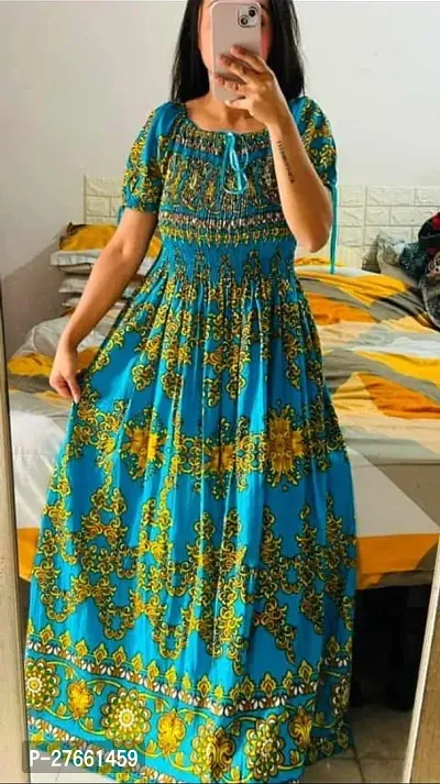Stylish Blue Rayon Printed Maxi Dress For Women