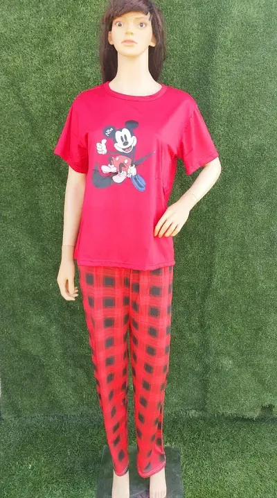 New Arrivals!! Cartoon Print Top Checked Pajama Lounge Set For Women/Nightsuit for Women