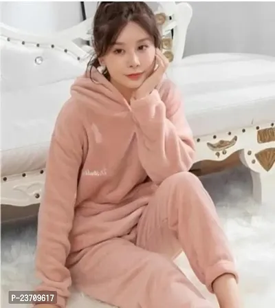 Stylish Pink Woolen Winterwear Full Sleeve Night Suits For Women