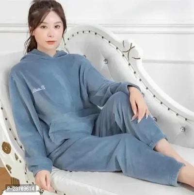 Stylish Blue Woolen Winterwear Full Sleeve Night Suits For Women-thumb0
