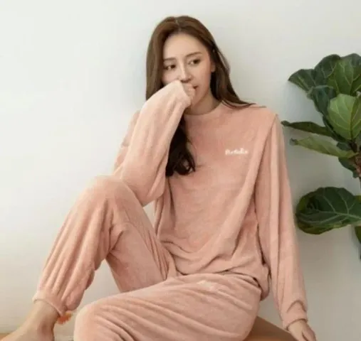Trendy Wool Solid Long Sleeves Round Neck Nightwear Top With Pajama Set For Women