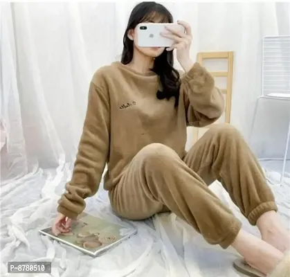 Stylish Brown Woolen Night Top with Pajama Set For Women-thumb0
