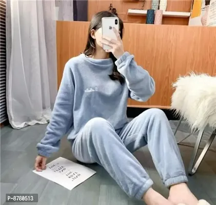 Stylish Blue Woolen Night Top with Pajama Set For Women