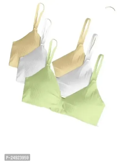 Women Cotton Everyday Lightly Padded Wire Free Bra Free Size (Skin-White-Green)