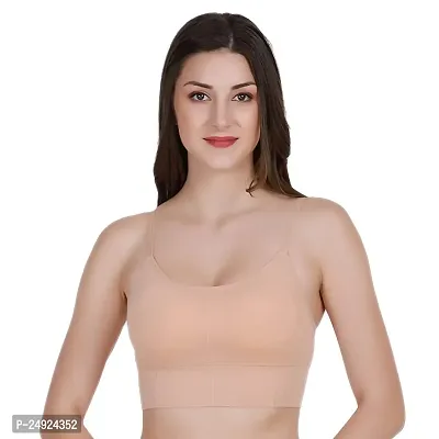 Women Cotton Everyday Lightly Padded Wire Free Bra Free Size (Black) (Beige)-thumb0