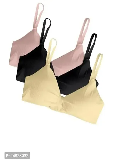 Women Cotton Everyday Lightly Padded Wire Free Bra Free Size (Pink-Black-Skin)