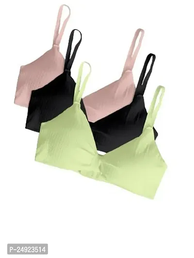 Women Cotton Everyday Lightly Padded Wire Free Bra Free Size (Pink-Black-Green)