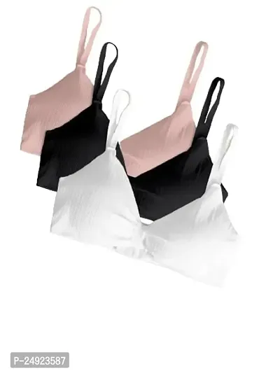 Women Cotton Everyday Lightly Padded Wire Free Bra Free Size (Pink-Black-White)