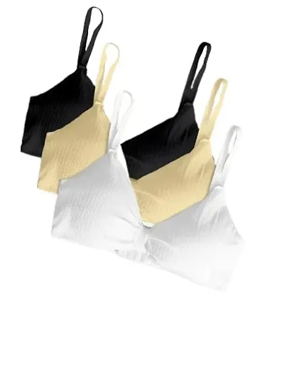 Sanzzy Women Everyday Lightly Padded Bra Pack of 3 Free Size (28 to 34) (Black-Skin-White)