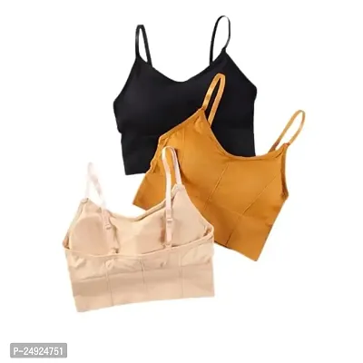 Women Cotton Everyday Lightly Padded Wire Free Bra Free Size (Black-Yellow-Beige)