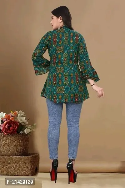 Elegant Rayon Green V Neck Bell Sleeve Printed Top For Women-thumb2