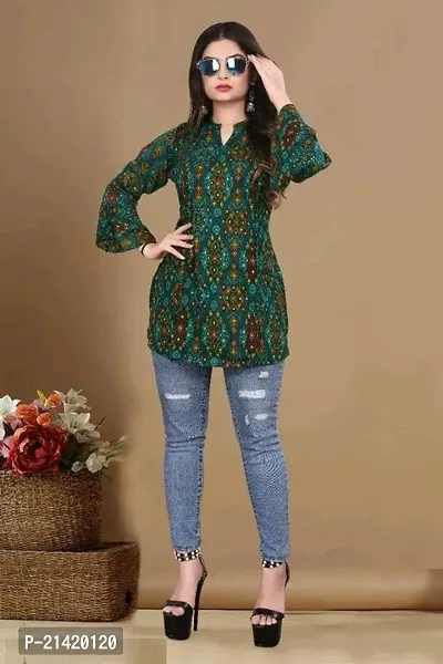 Elegant Rayon Green V Neck Bell Sleeve Printed Top For Women-thumb0