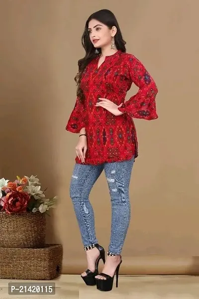 Elegant Rayon Red V Neck Bell Sleeve Printed Top For Women