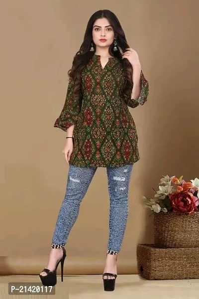 Elegant Rayon Green V Neck Bell Sleeve Printed Top For Women