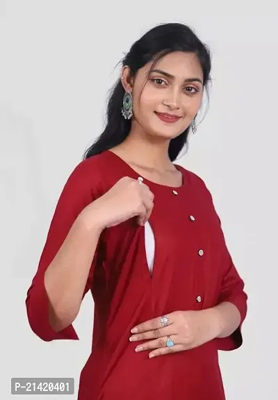 Elegant Rayon Red Solid Round Neck Maternity Feeding Kurta For Women-thumb2