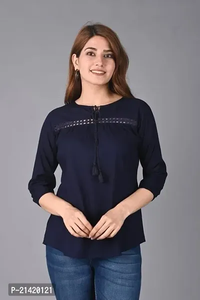 Elegant Rayon Navy Blue Key Hole Neck 3/4 Sleeve Solid Top For Women