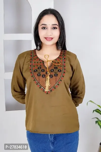 Classic Embroidery Top for Women (Olive V )
