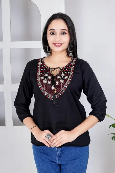 Classic Embroidery Top for Women (Black V )