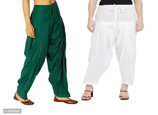 Cotton Solid Comfy Patiala Combo Pack of 2 (Dark Green/white)