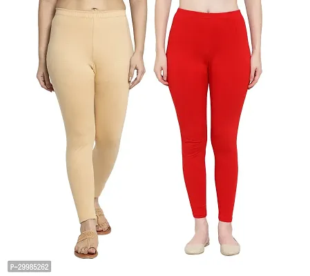 Women Ankle Length Leggings Combo Pack Of 2 (Skin / Red)-thumb0