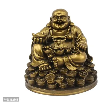 Resin Fengshui Figurine Laughing Buddha Sitting On Luck Money Coins-thumb0