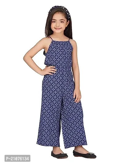 Fabulous Blue Rayon Printed Basic Jumpsuit For Girls