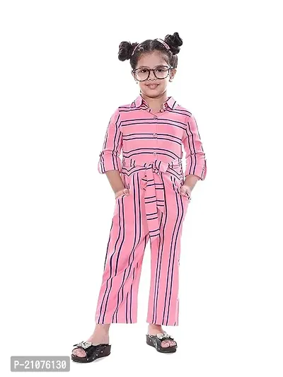 Fabulous Pink Cotton Striped Basic Jumpsuit For Girls