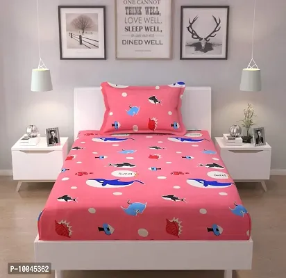 Precise Fabrics Cartoon Print Elastic Fitted Glace Cotton Single Bed (72x48x Upto 6 Inches) Bedsheet with 2 Pillow Covers-200TC Fish Pink