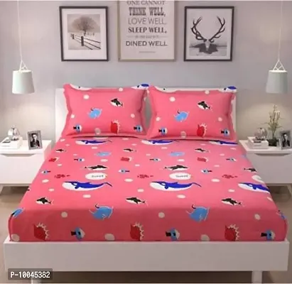 Precise Fabrics Cartoon Print Elastic Fitted Glace Cotton Queen Size (78x72x Upto 6 Inches) Bedsheet with 2 Pillow Covers-200TC Pink Fish-thumb0