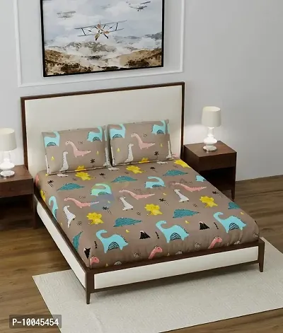 Precise Fabrics Elastic Fitted Glace Cotton Queen Size (78x72x Upto 6 Inches) Bedsheet for Kids with 2 Pillow Covers-200TC Dino Print