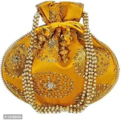 UNIQUE PRODUCT Trendy Mirror Cotton Potli Embroidered Zari Design Potli Bag with Pearls  Beads Drawstring (Yellow)